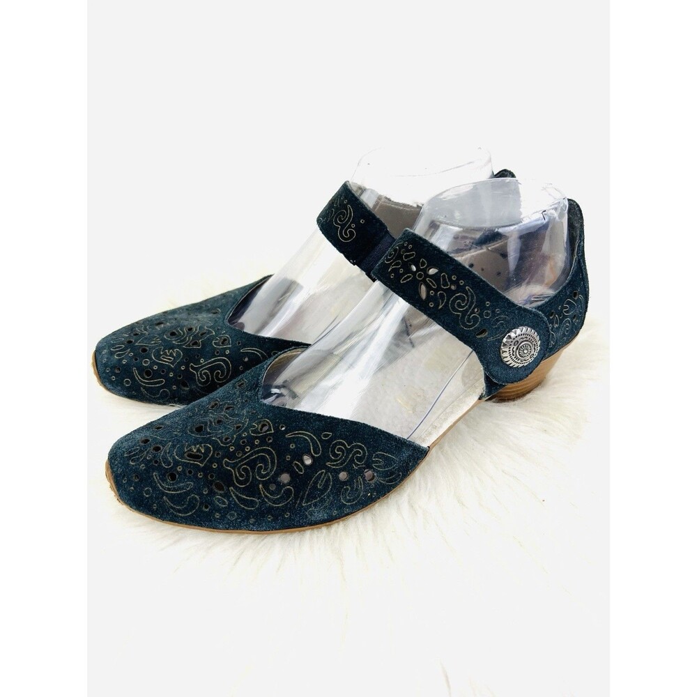 Rieker Antistress Mary Jane Shoes Navy Blue Laser Cut Floral Leather EU39 / US8